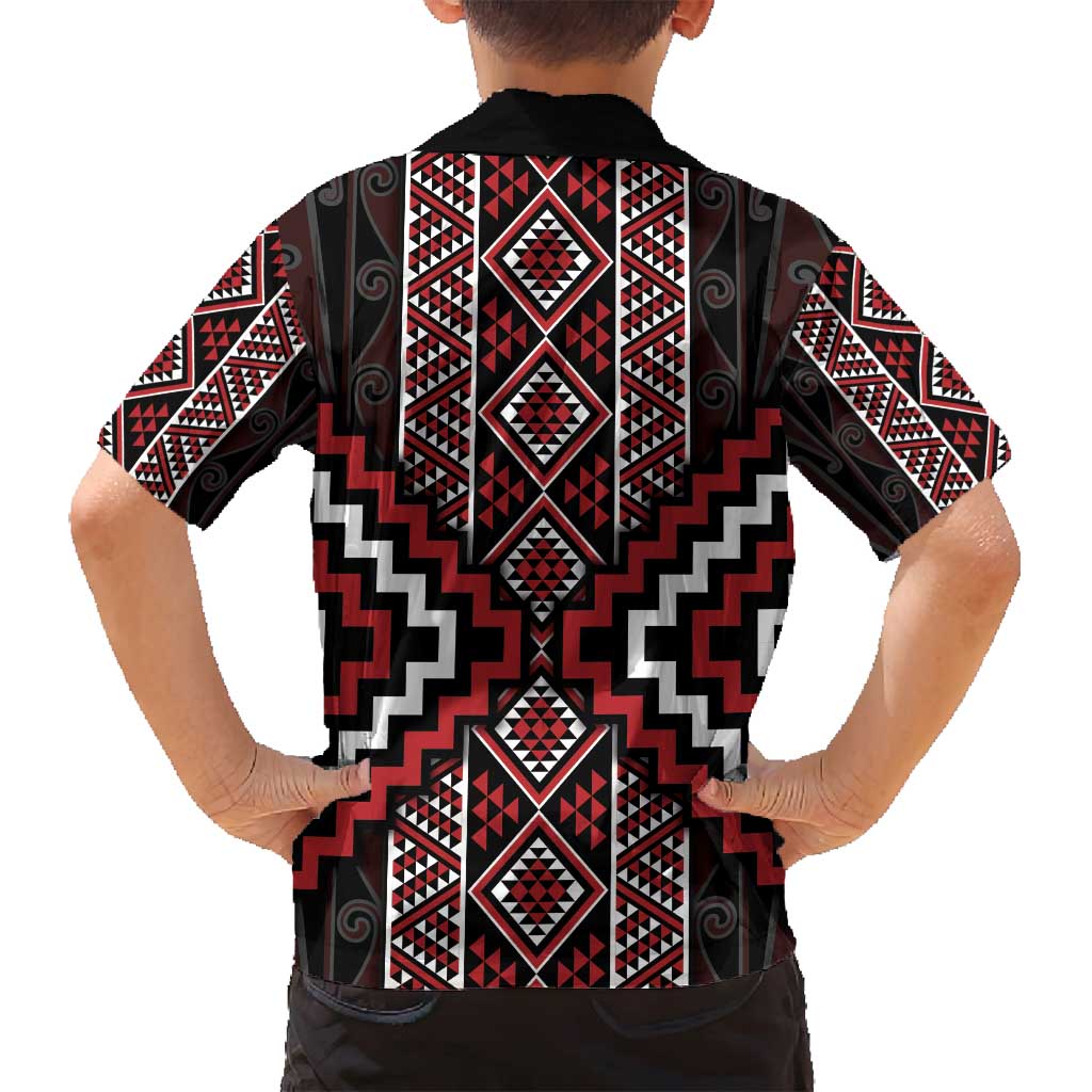 Red Tukutuku Pattern Aotearoa Family Matching Puletasi and Hawaiian Shirt Niho Taniwha and Puhoro Motifs LT7 - Polynesian Pride