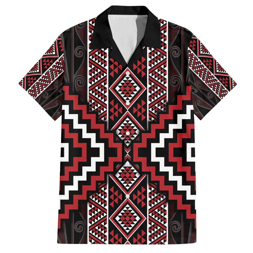 Red Tukutuku Pattern Aotearoa Family Matching Puletasi and Hawaiian Shirt Niho Taniwha and Puhoro Motifs LT7 Dad's Shirt - Short Sleeve Red - Polynesian Pride