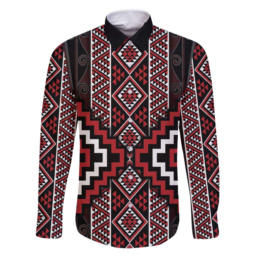 Red Tukutuku Pattern Aotearoa Family Matching Puletasi and Hawaiian Shirt Niho Taniwha and Puhoro Motifs LT7 Dad's Shirt - Long Sleeve Red - Polynesian Pride