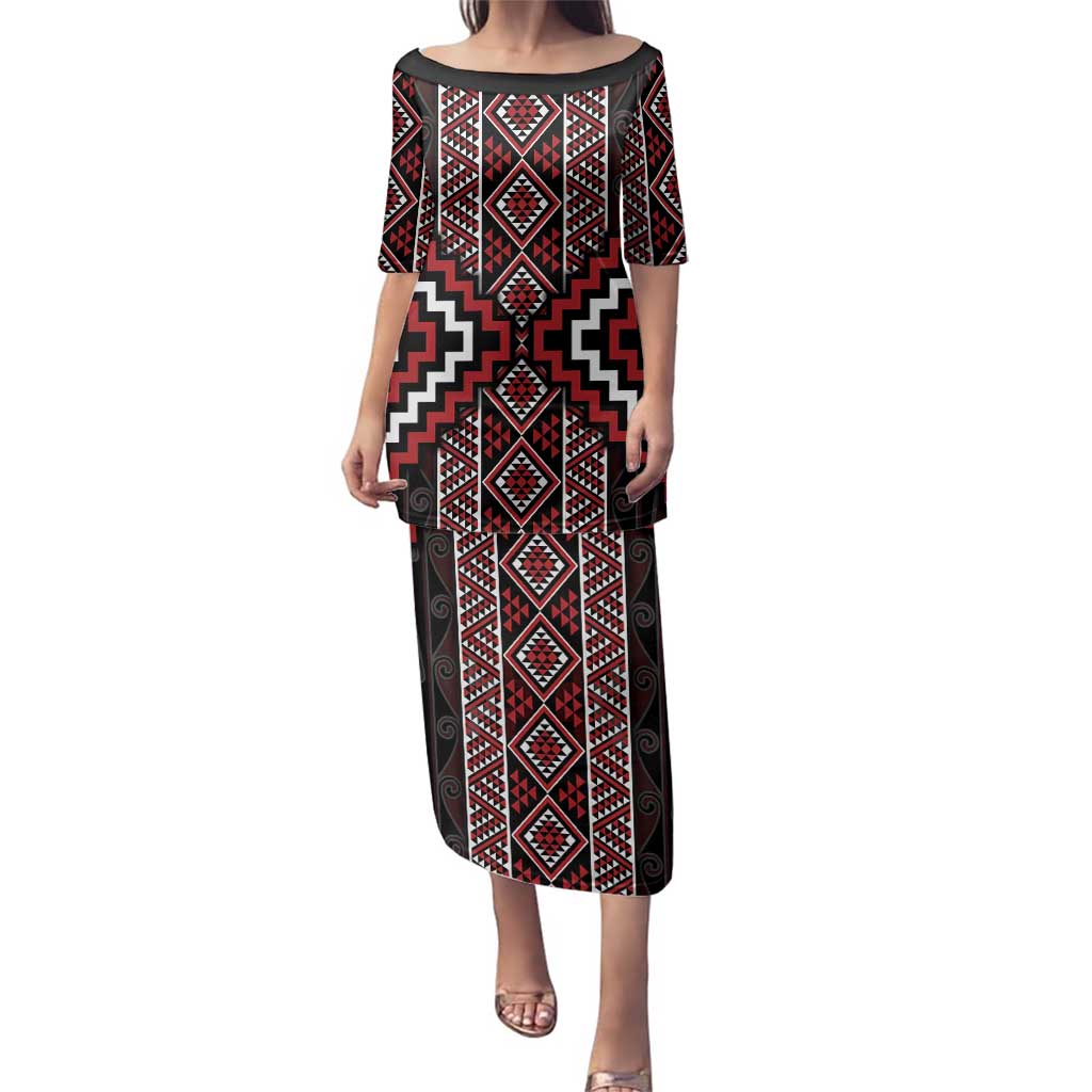 Red Tukutuku Pattern Aotearoa Family Matching Puletasi and Hawaiian Shirt Niho Taniwha and Puhoro Motifs LT7 Mom's Dress Red - Polynesian Pride