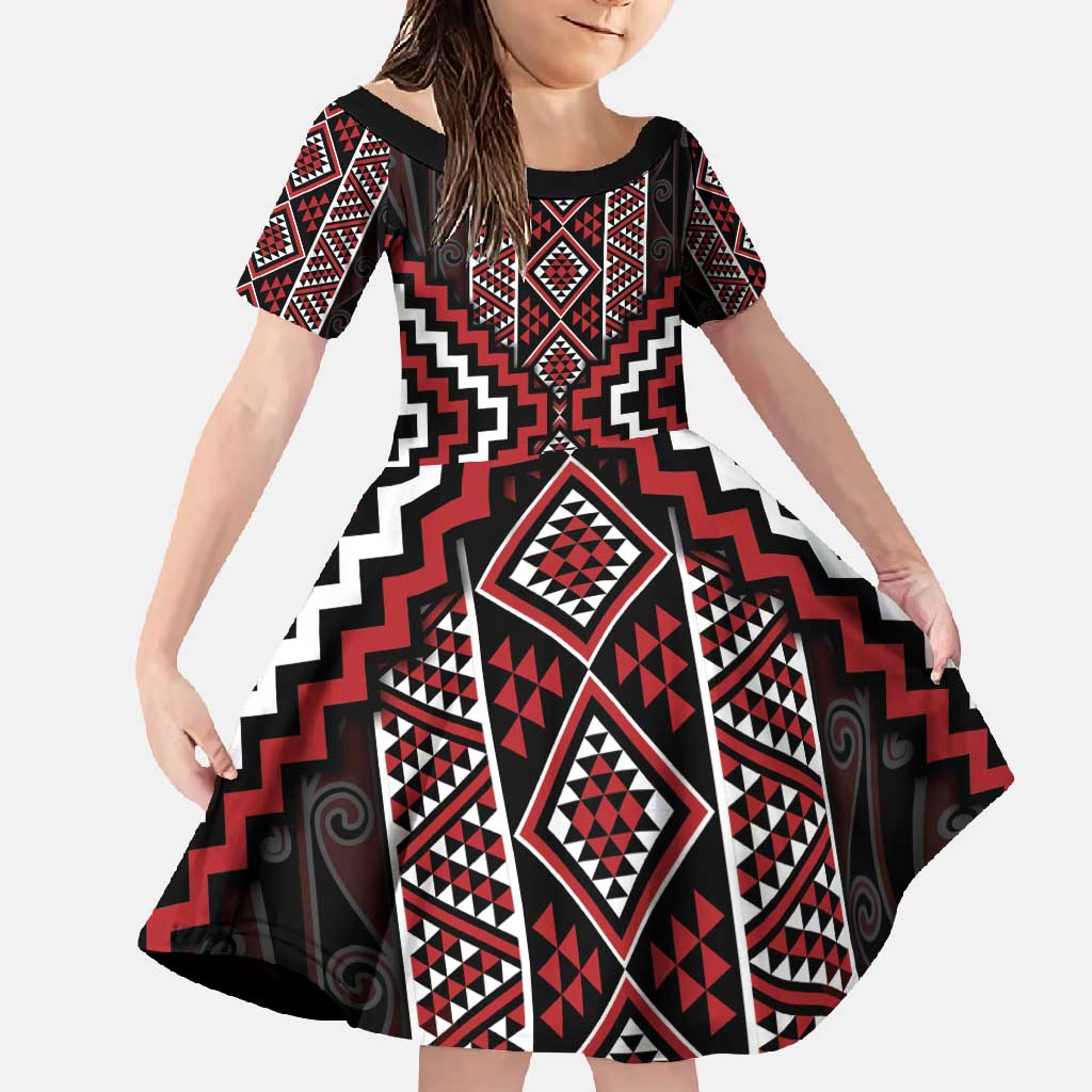 Red Tukutuku Pattern Aotearoa Family Matching Summer Maxi Dress and Hawaiian Shirt Niho Taniwha and Puhoro Motifs LT7 Daughter's Dress Red - Polynesian Pride