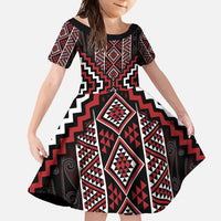 Red Tukutuku Pattern Aotearoa Family Matching Summer Maxi Dress and Hawaiian Shirt Niho Taniwha and Puhoro Motifs LT7 Daughter's Dress Red - Polynesian Pride