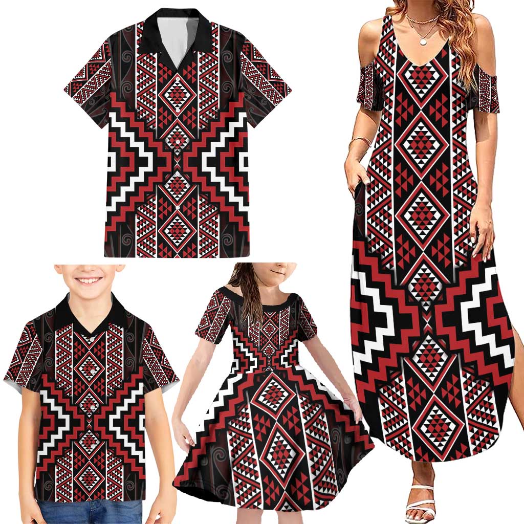 Red Tukutuku Pattern Aotearoa Family Matching Summer Maxi Dress and Hawaiian Shirt Niho Taniwha and Puhoro Motifs LT7 - Polynesian Pride