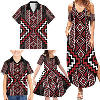 Red Tukutuku Pattern Aotearoa Family Matching Summer Maxi Dress and Hawaiian Shirt Niho Taniwha and Puhoro Motifs LT7 - Polynesian Pride