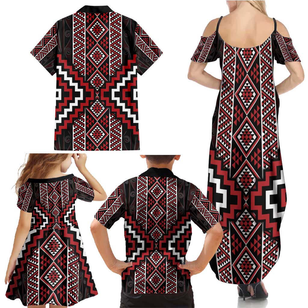 Red Tukutuku Pattern Aotearoa Family Matching Summer Maxi Dress and Hawaiian Shirt Niho Taniwha and Puhoro Motifs LT7 - Polynesian Pride