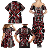Red Tukutuku Pattern Aotearoa Family Matching Summer Maxi Dress and Hawaiian Shirt Niho Taniwha and Puhoro Motifs LT7 - Polynesian Pride