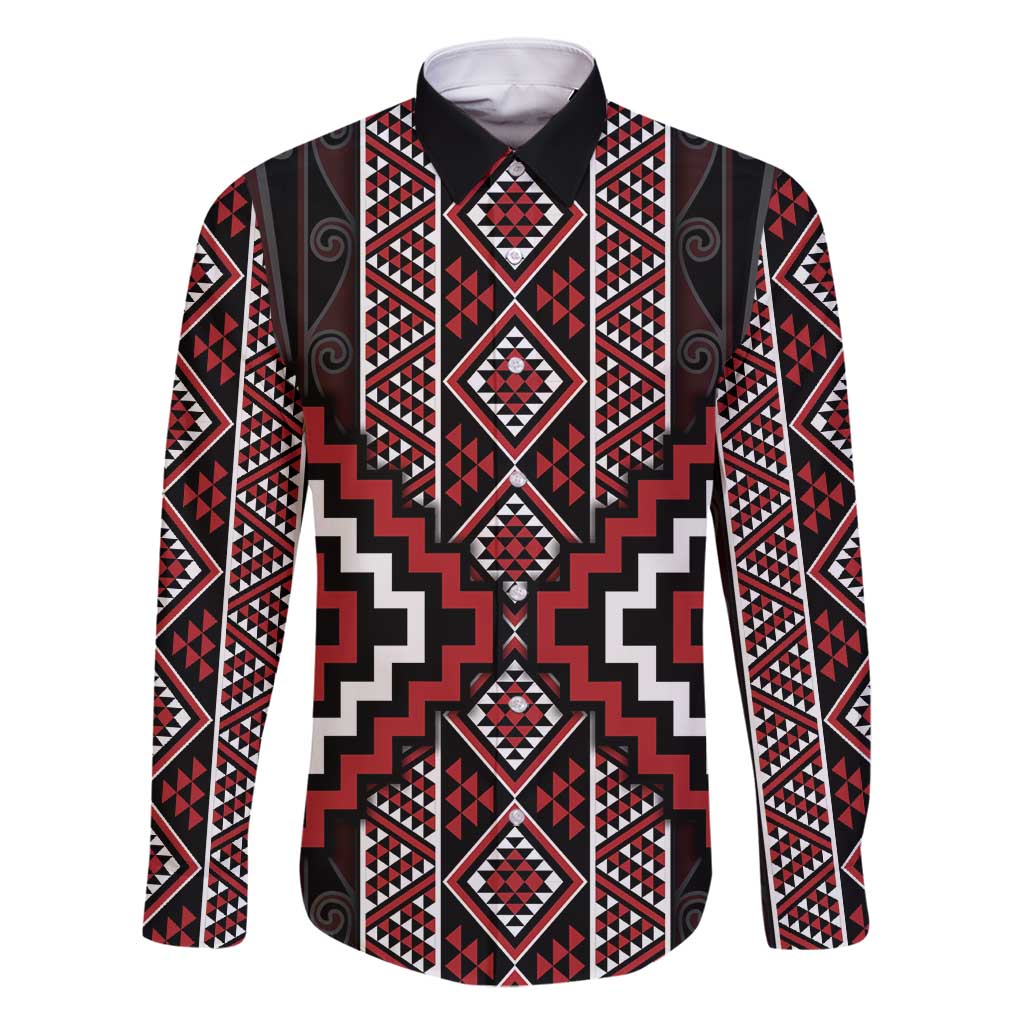 Red Tukutuku Pattern Aotearoa Family Matching Summer Maxi Dress and Hawaiian Shirt Niho Taniwha and Puhoro Motifs LT7 Dad's Shirt - Long Sleeve Red - Polynesian Pride