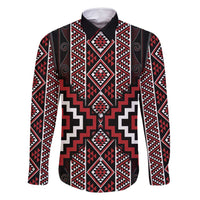 Red Tukutuku Pattern Aotearoa Family Matching Summer Maxi Dress and Hawaiian Shirt Niho Taniwha and Puhoro Motifs LT7 Dad's Shirt - Long Sleeve Red - Polynesian Pride