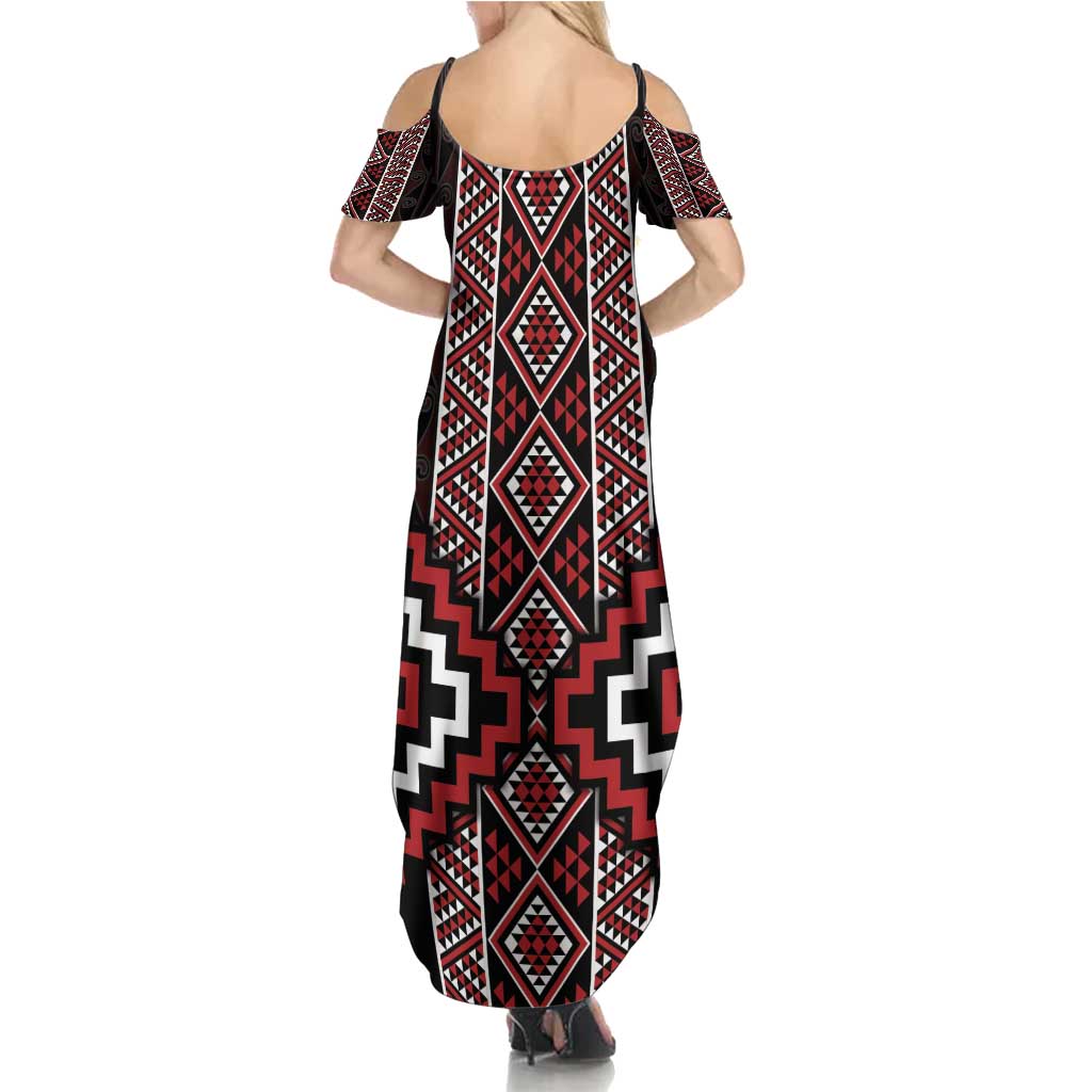 Red Tukutuku Pattern Aotearoa Family Matching Summer Maxi Dress and Hawaiian Shirt Niho Taniwha and Puhoro Motifs LT7 - Polynesian Pride