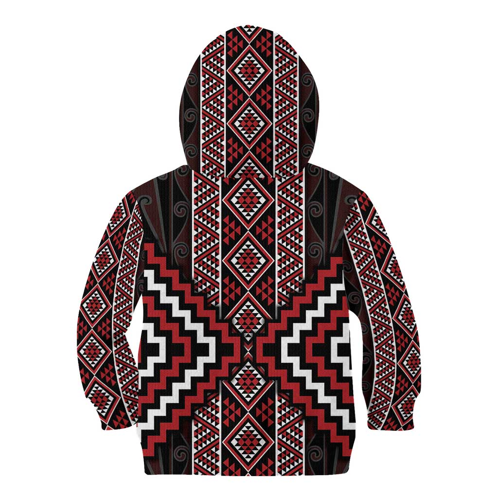 Red Tukutuku Pattern Aotearoa Kid Hoodie Niho Taniwha and Puhoro Motifs