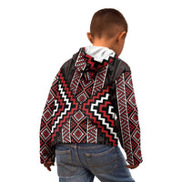 Red Tukutuku Pattern Aotearoa Kid Hoodie Niho Taniwha and Puhoro Motifs