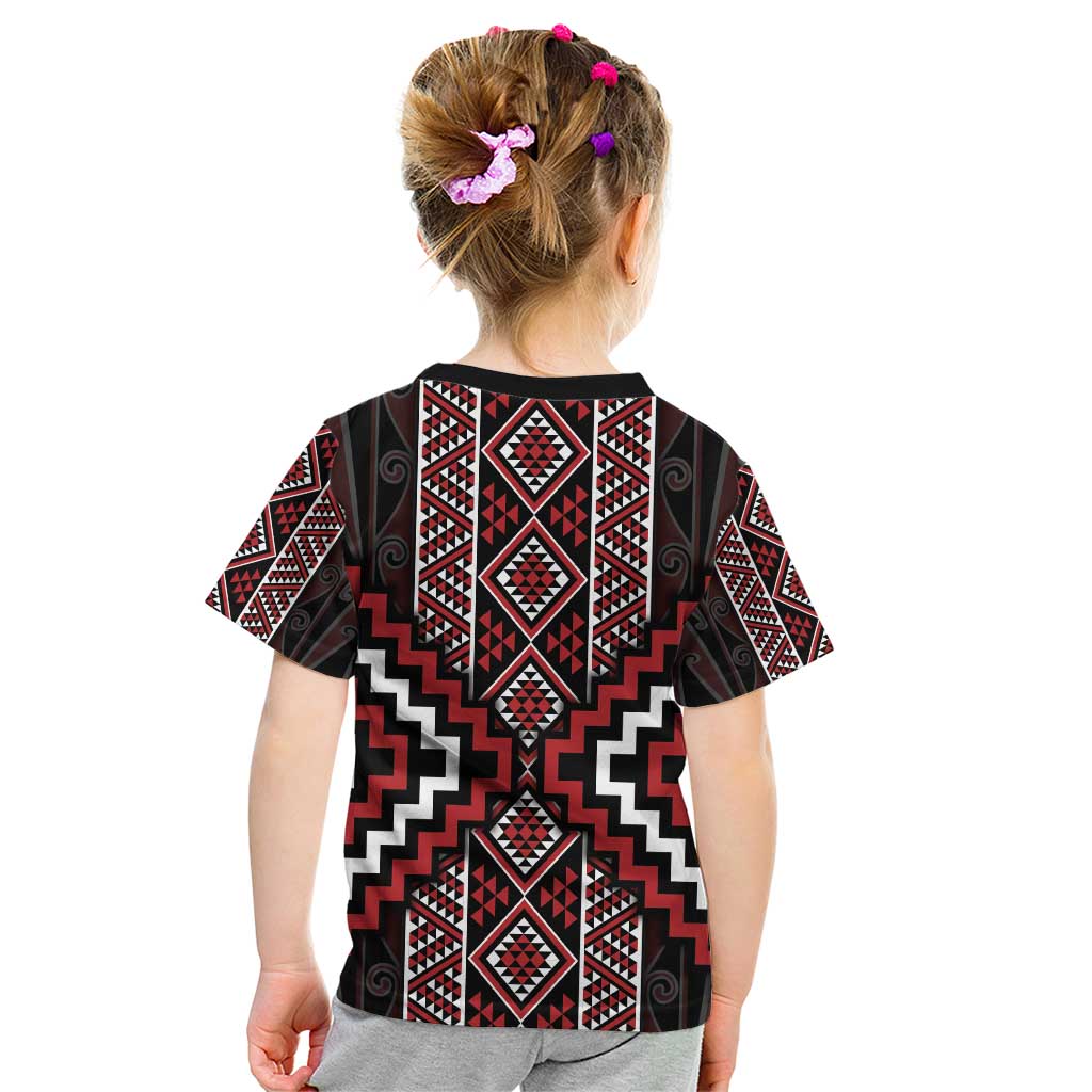 Red Tukutuku Pattern Aotearoa Kid T Shirt Niho Taniwha and Puhoro Motifs LT7 - Polynesian Pride