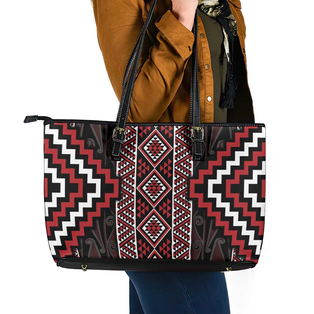 Red Tukutuku Pattern Aotearoa Leather Tote Bag Niho Taniwha and Puhoro Motifs LT7 - Polynesian Pride