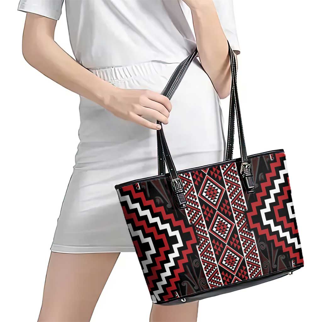 Red Tukutuku Pattern Aotearoa Leather Tote Bag Niho Taniwha and Puhoro Motifs LT7 - Polynesian Pride