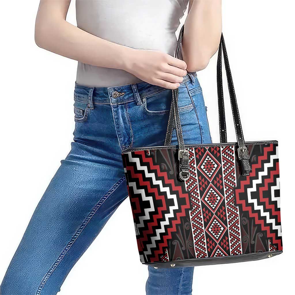 Red Tukutuku Pattern Aotearoa Leather Tote Bag Niho Taniwha and Puhoro Motifs LT7 - Polynesian Pride