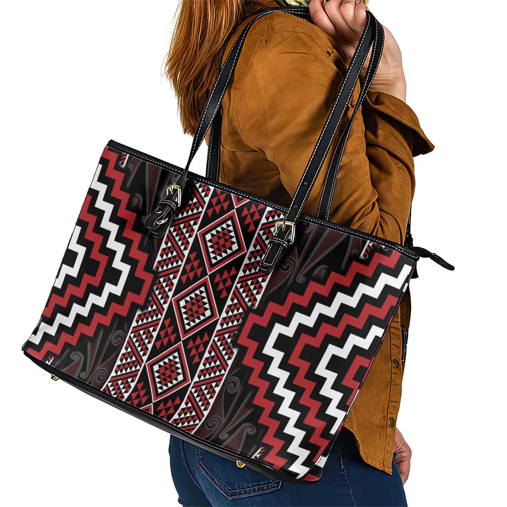 Red Tukutuku Pattern Aotearoa Leather Tote Bag Niho Taniwha and Puhoro Motifs LT7 - Polynesian Pride