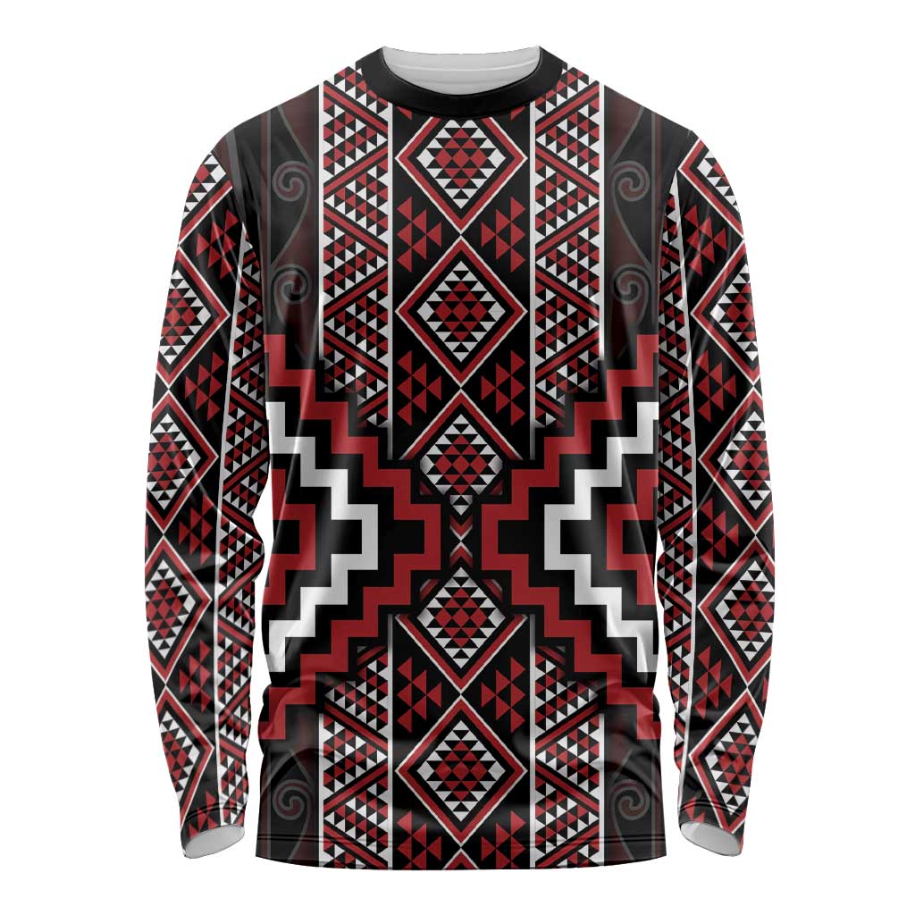 Red Tukutuku Pattern Aotearoa Long Sleeve Shirt Niho Taniwha and Puhoro Motifs