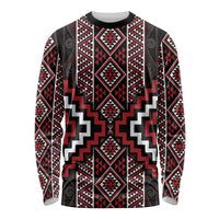 Red Tukutuku Pattern Aotearoa Long Sleeve Shirt Niho Taniwha and Puhoro Motifs
