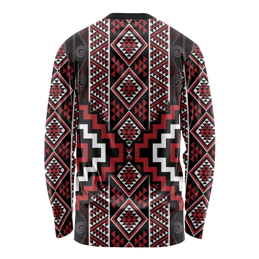 Red Tukutuku Pattern Aotearoa Long Sleeve Shirt Niho Taniwha and Puhoro Motifs