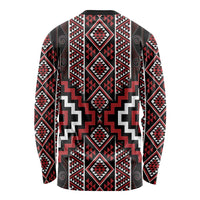 Red Tukutuku Pattern Aotearoa Long Sleeve Shirt Niho Taniwha and Puhoro Motifs