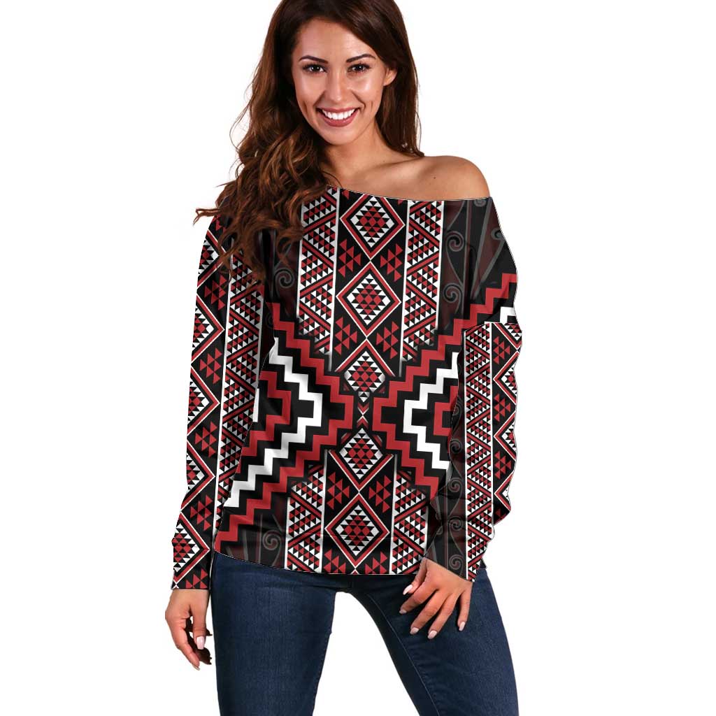 Red Tukutuku Pattern Aotearoa Off Shoulder Sweater Niho Taniwha and Puhoro Motifs