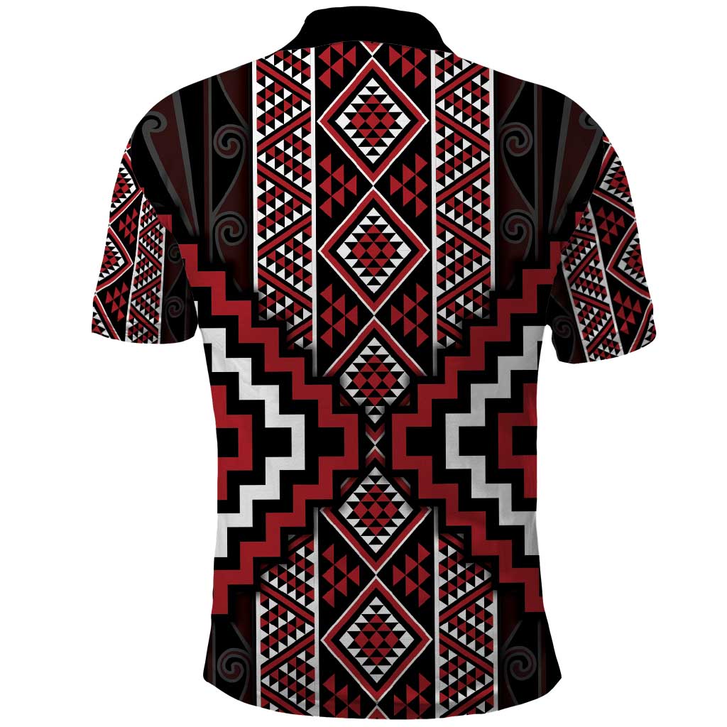 Red Tukutuku Pattern Aotearoa Polo Shirt Niho Taniwha and Puhoro Motifs