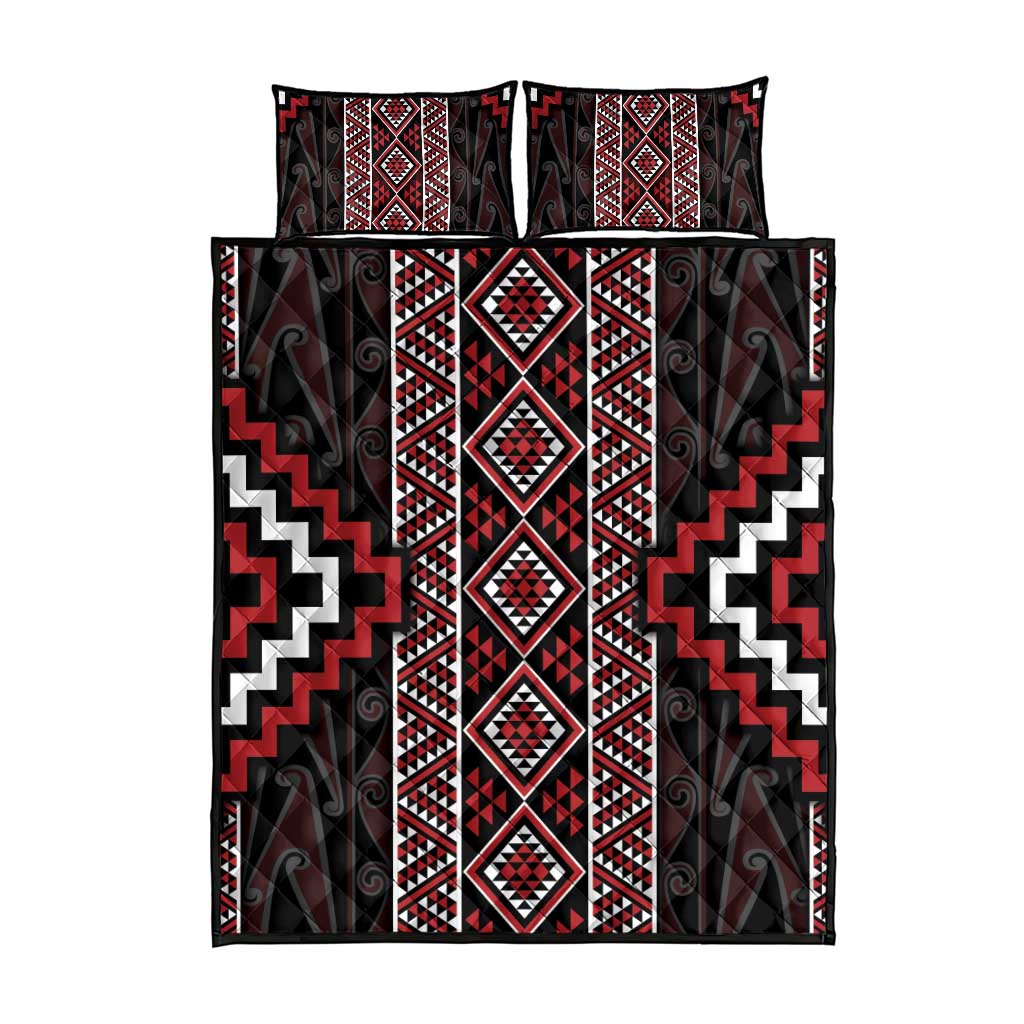 Red Tukutuku Pattern Aotearoa Quilt Bed Set Niho Taniwha and Puhoro Motifs