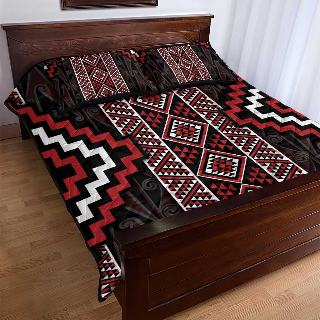 Red Tukutuku Pattern Aotearoa Quilt Bed Set Niho Taniwha and Puhoro Motifs
