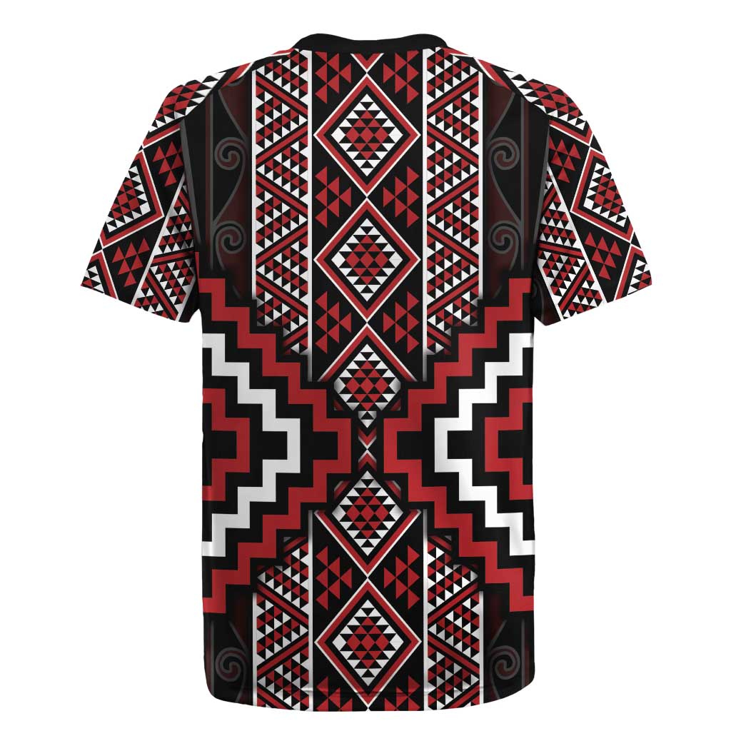Red Tukutuku Pattern Aotearoa Rugby Jersey Niho Taniwha and Puhoro Motifs