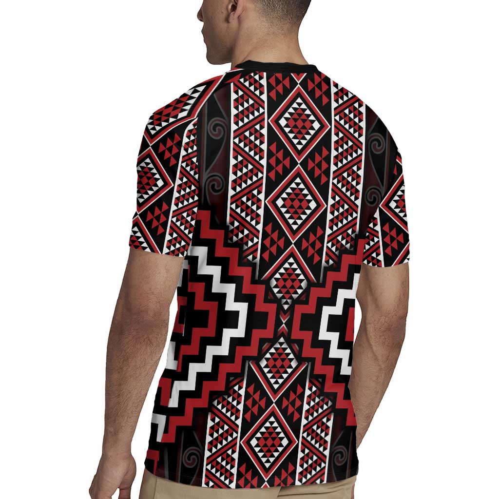 Red Tukutuku Pattern Aotearoa Rugby Jersey Niho Taniwha and Puhoro Motifs