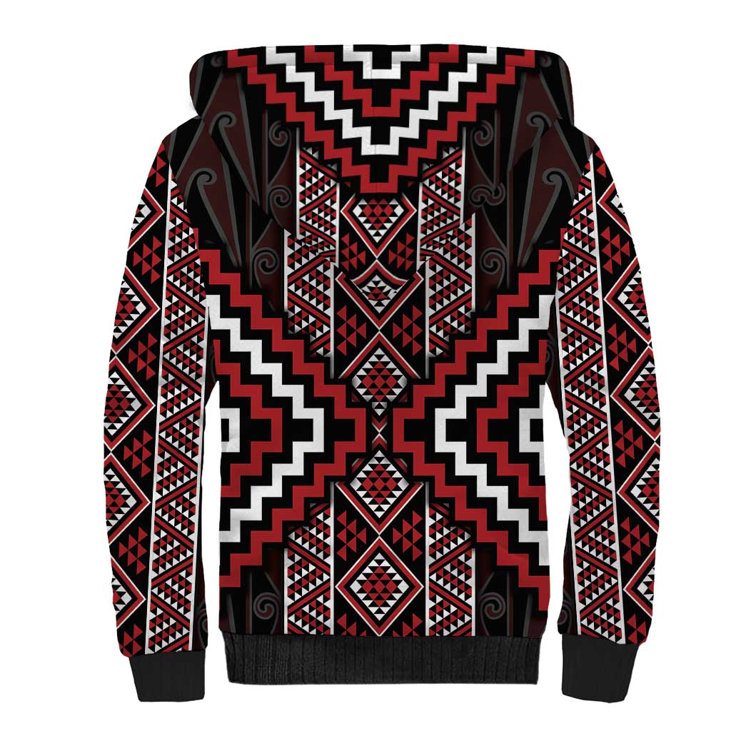 Red Tukutuku Pattern Aotearoa Sherpa Hoodie Niho Taniwha and Puhoro Motifs