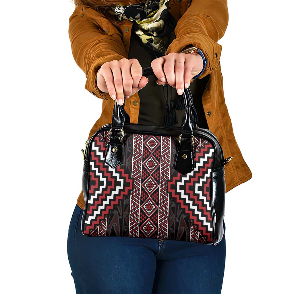 Red Tukutuku Pattern Aotearoa Shoulder Handbag Niho Taniwha and Puhoro Motifs