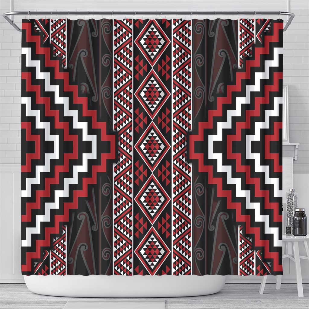 Red Tukutuku Pattern Aotearoa Shower Curtain Niho Taniwha and Puhoro Motifs