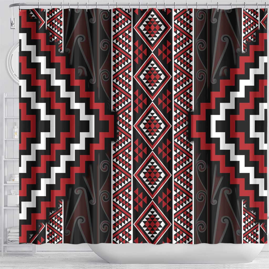 Red Tukutuku Pattern Aotearoa Shower Curtain Niho Taniwha and Puhoro Motifs