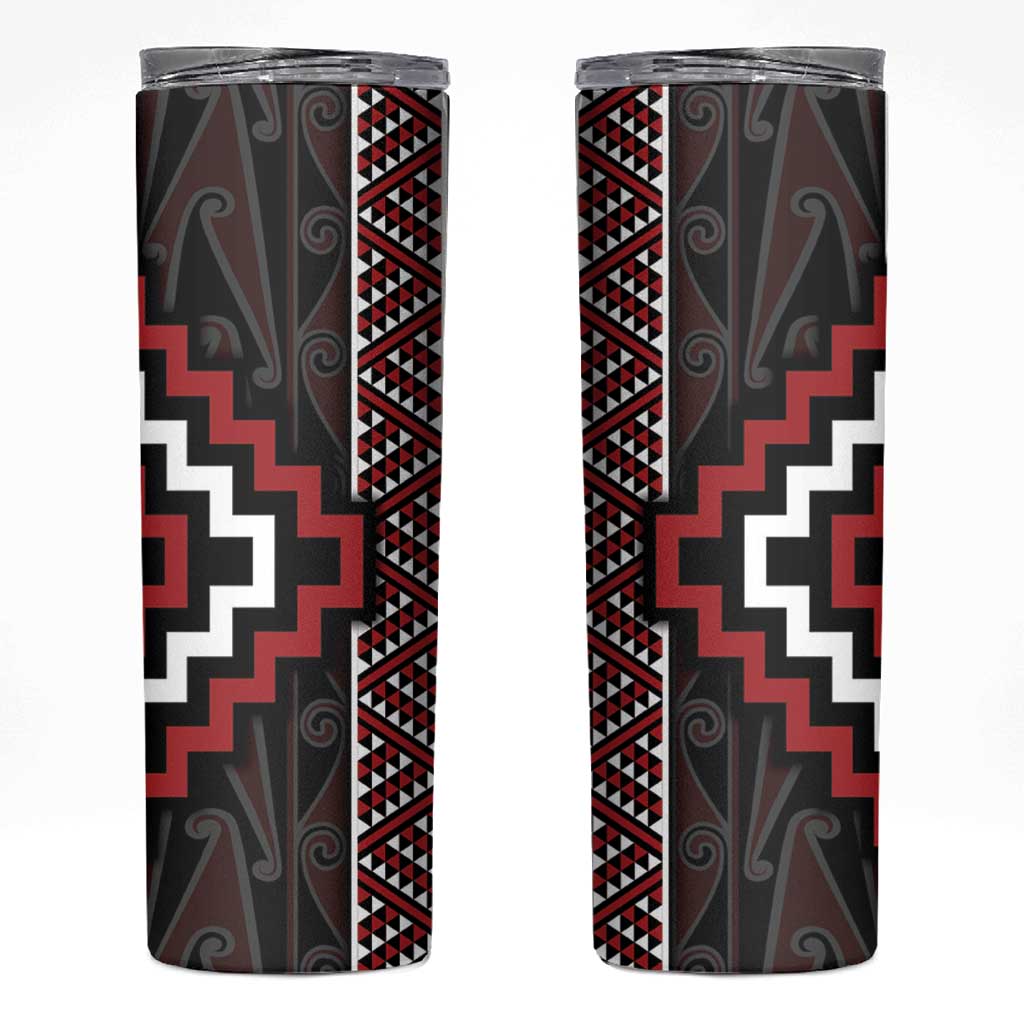 Red Tukutuku Pattern Aotearoa Skinny Tumbler Niho Taniwha and Puhoro Motifs