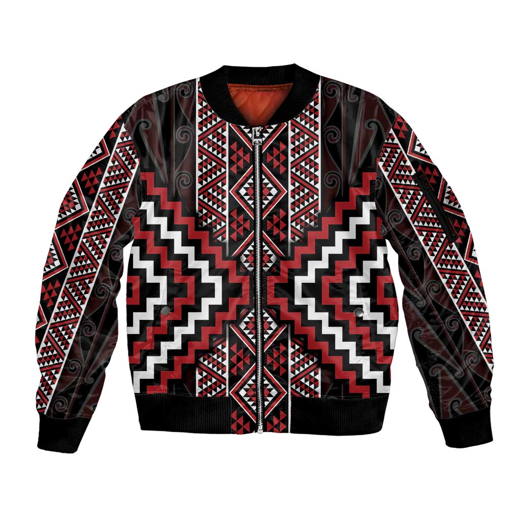 Red Tukutuku Pattern Aotearoa Sleeve Zip Bomber Jacket Niho Taniwha and Puhoro Motifs