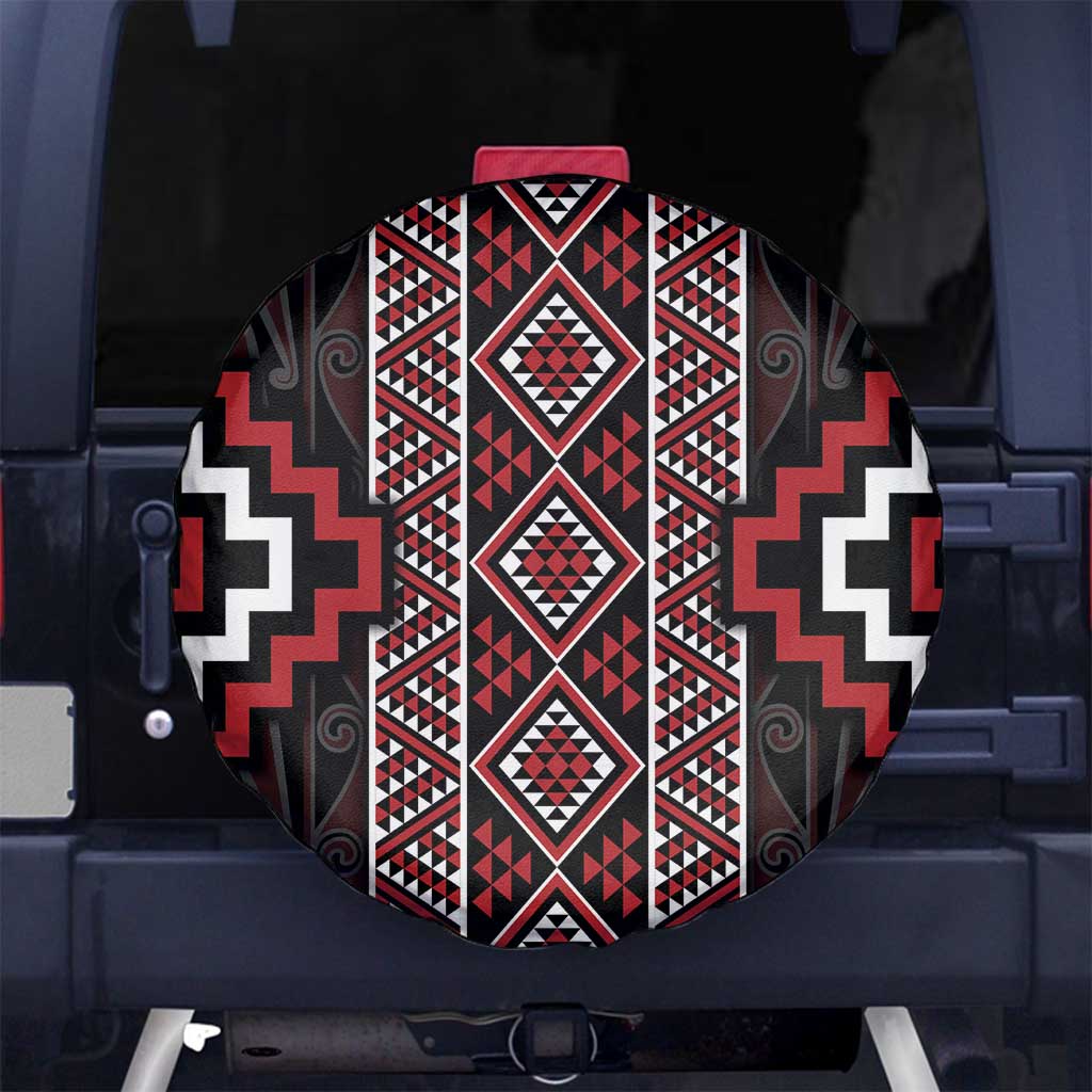 Red Tukutuku Pattern Aotearoa Spare Tire Cover Niho Taniwha and Puhoro Motifs