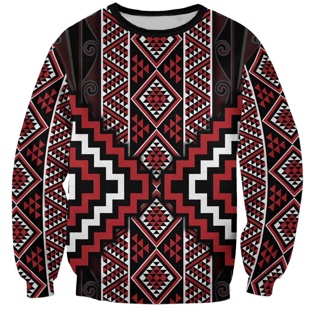 Red Tukutuku Pattern Aotearoa Sweatshirt Niho Taniwha and Puhoro Motifs LT7 Unisex Red - Polynesian Pride
