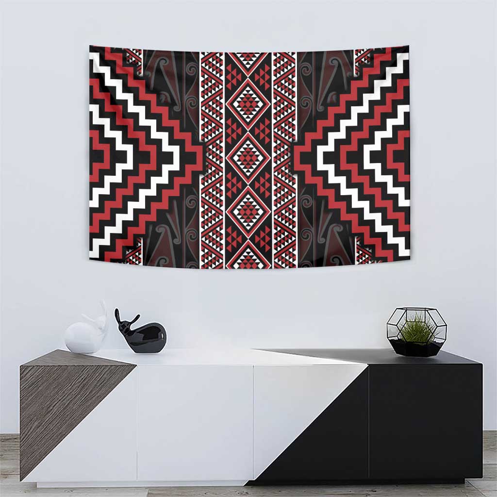 Red Tukutuku Pattern Aotearoa Tapestry Niho Taniwha and Puhoro Motifs
