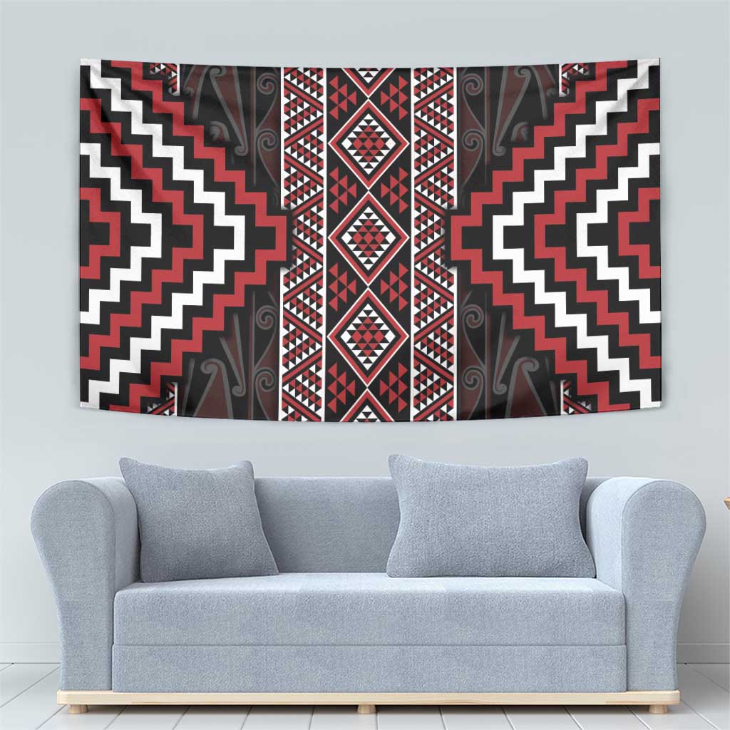 Red Tukutuku Pattern Aotearoa Tapestry Niho Taniwha and Puhoro Motifs