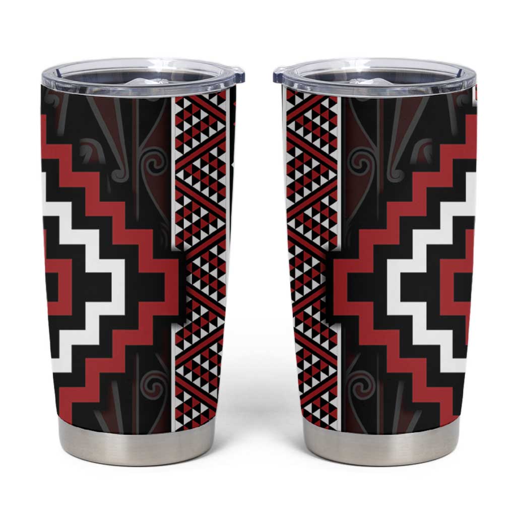 Red Tukutuku Pattern Aotearoa Tumbler Cup Niho Taniwha and Puhoro Motifs