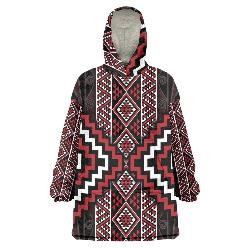 Red Tukutuku Pattern Aotearoa Wearable Blanket Hoodie Niho Taniwha and Puhoro Motifs