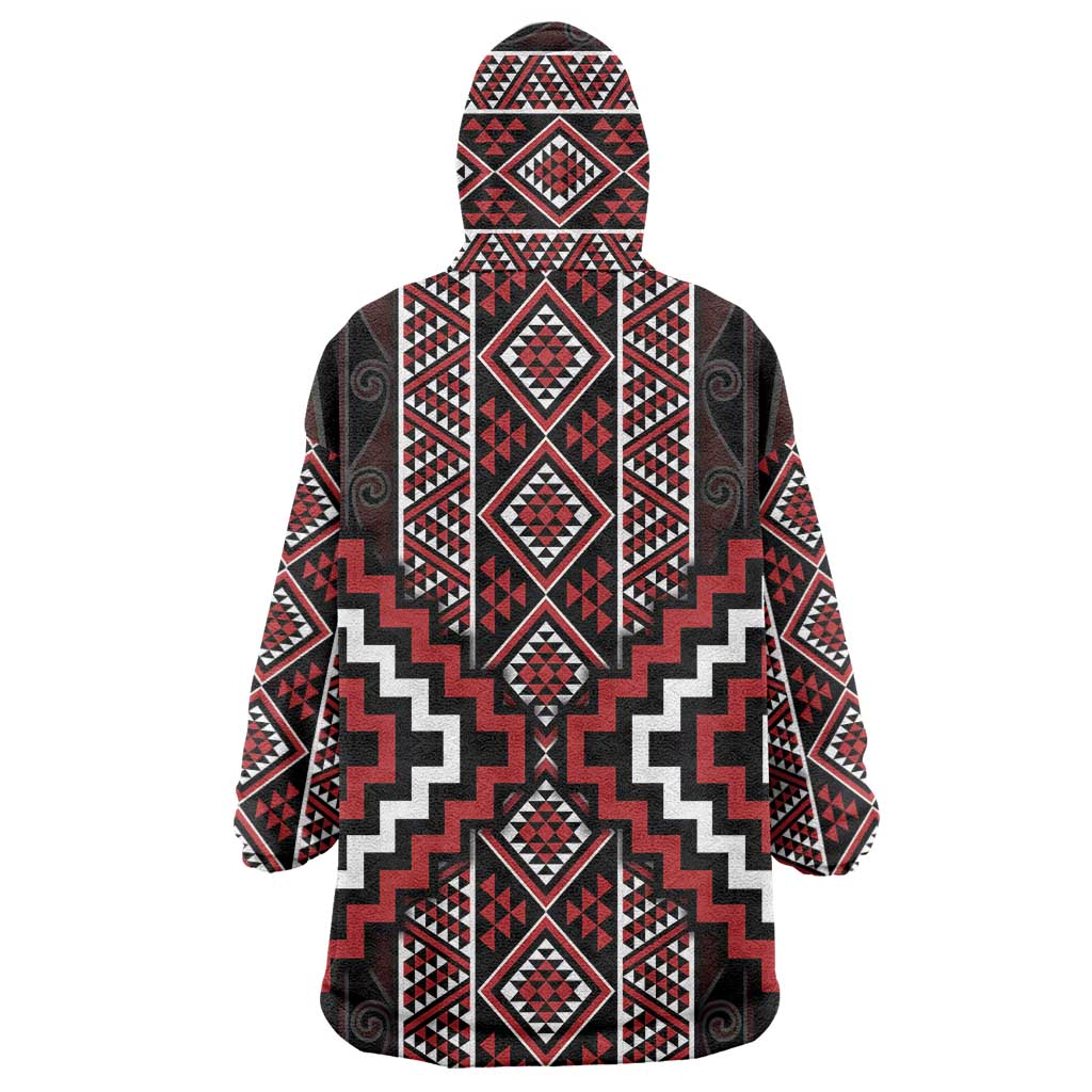 Red Tukutuku Pattern Aotearoa Wearable Blanket Hoodie Niho Taniwha and Puhoro Motifs