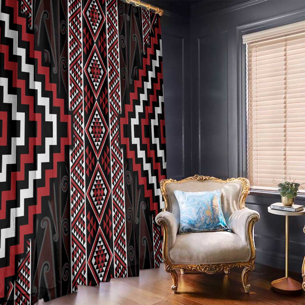 Red Tukutuku Pattern Aotearoa Window Curtain Niho Taniwha and Puhoro Motifs