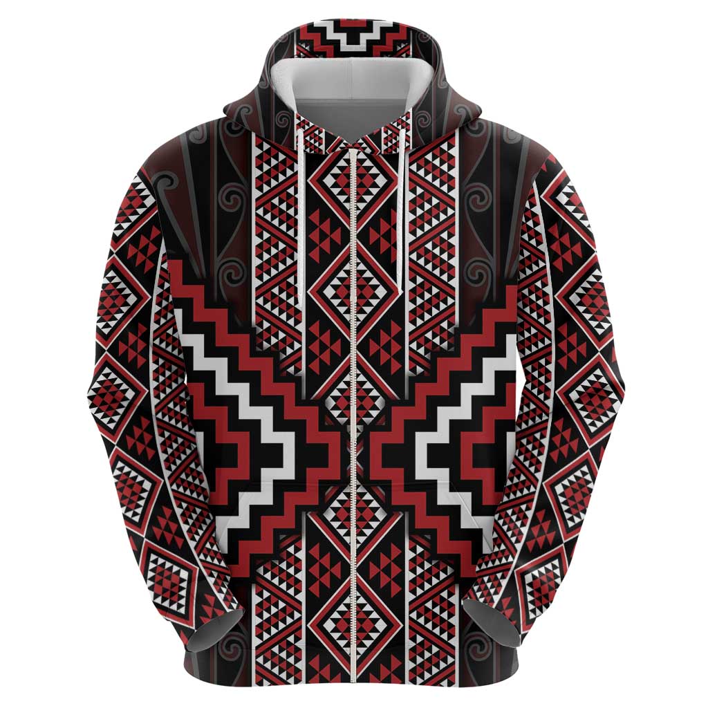 Red Tukutuku Pattern Aotearoa Zip Hoodie Niho Taniwha and Puhoro Motifs