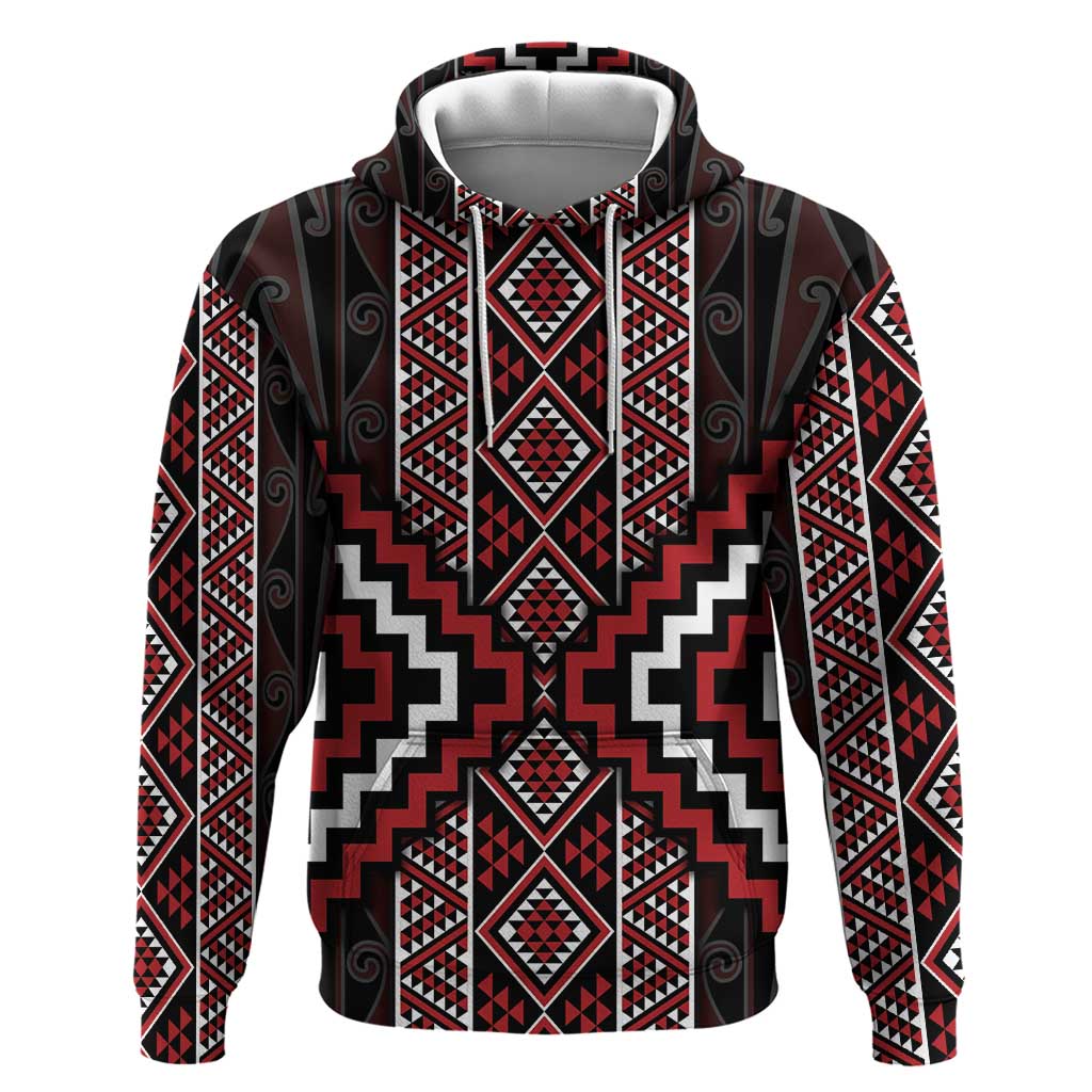 Red Tukutuku Pattern Aotearoa Zip Hoodie Niho Taniwha and Puhoro Motifs