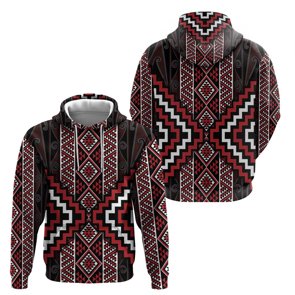Red Tukutuku Pattern Aotearoa Zip Hoodie Niho Taniwha and Puhoro Motifs