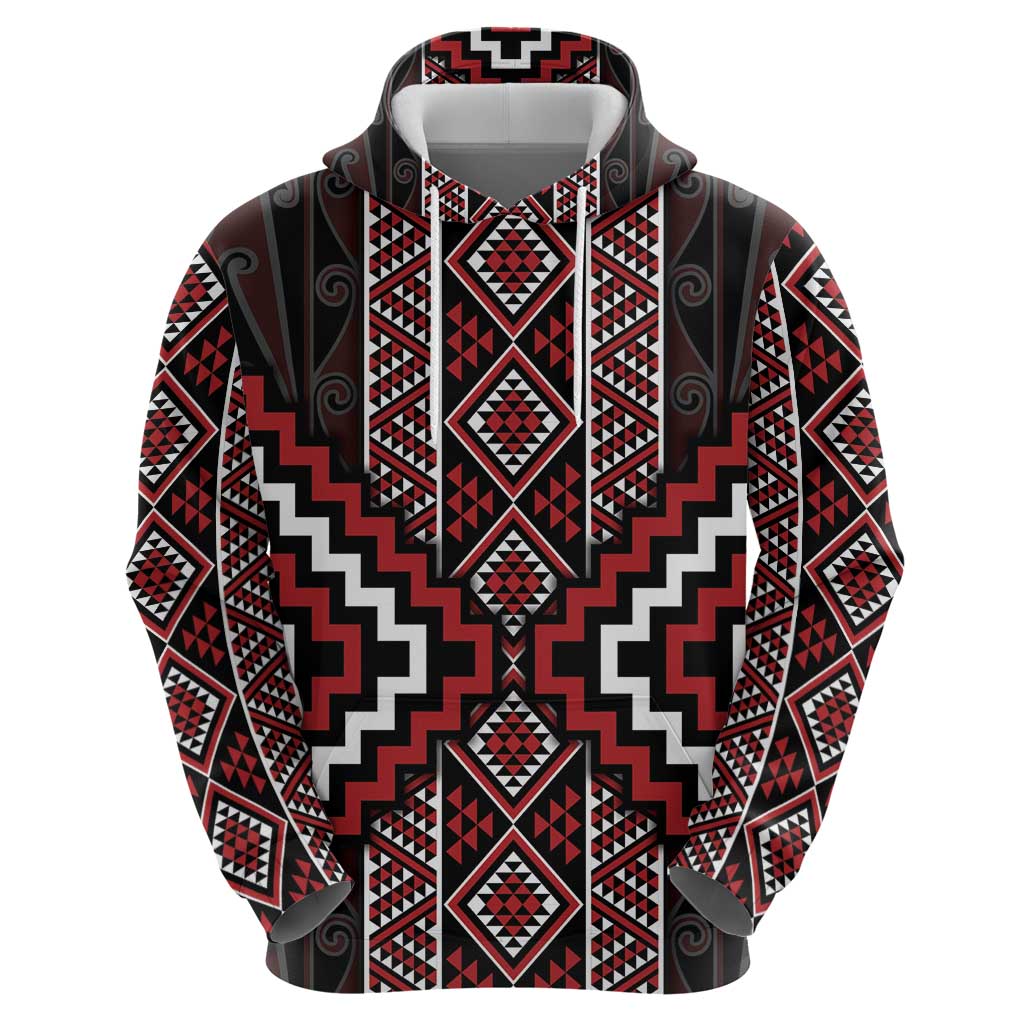 Red Tukutuku Pattern Aotearoa Zip Hoodie Niho Taniwha and Puhoro Motifs