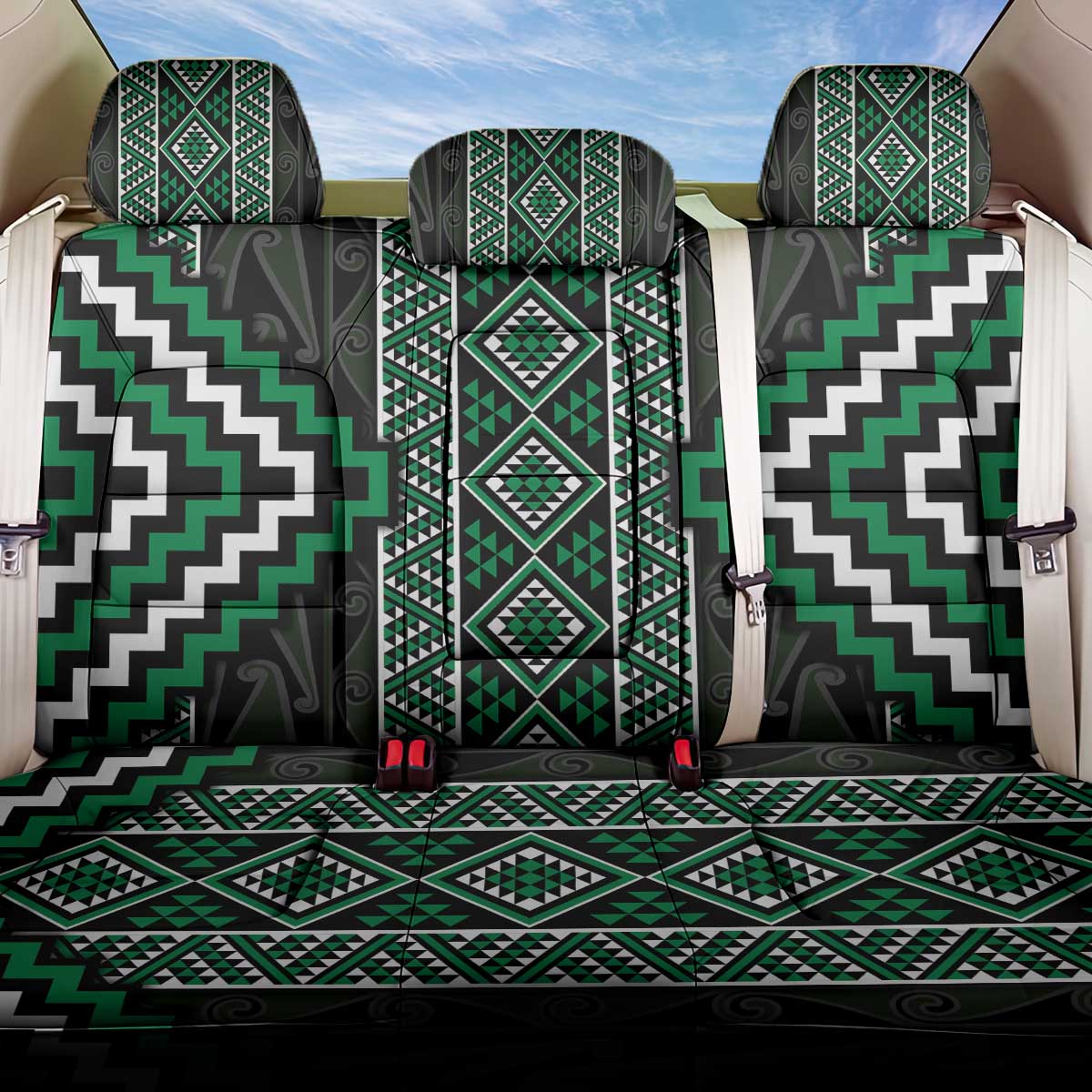 Jade Tukutuku Pattern Aotearoa Back Car Seat Cover Niho Taniwha and Puhoro Motifs