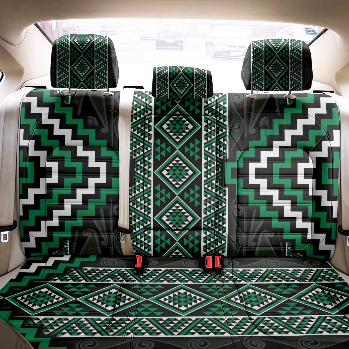 Jade Tukutuku Pattern Aotearoa Back Car Seat Cover Niho Taniwha and Puhoro Motifs